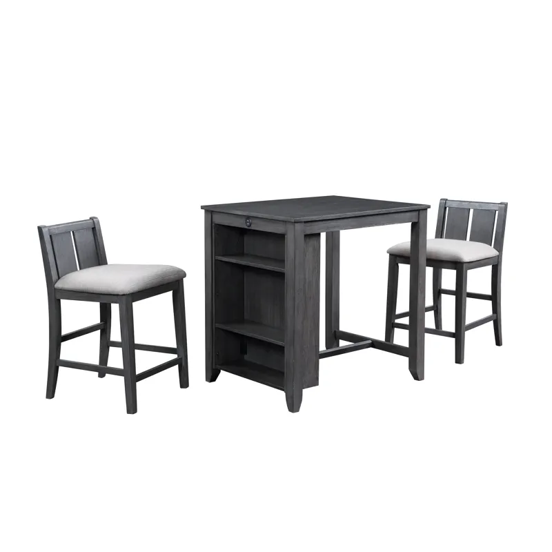 Heston 36" Storage Counter Table Set W/2 Chairs-Gray