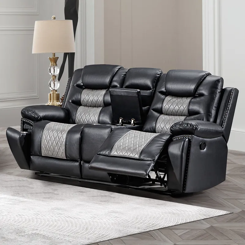 Nikko Console Loveseat W Dual Recliners-Black/Gray