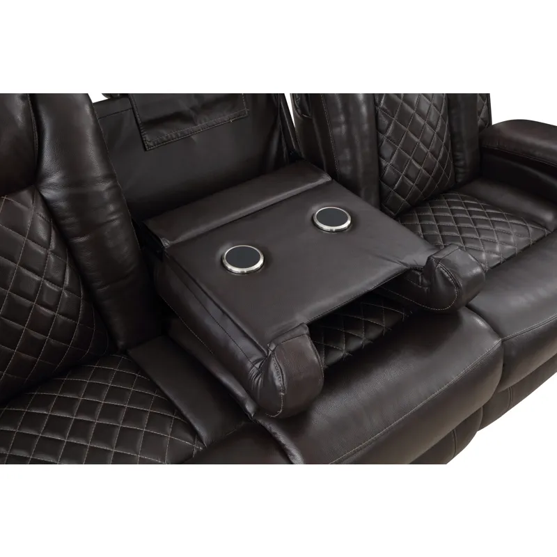 Joshua Leather Sofa W/Dual Recliner-Dk Brown