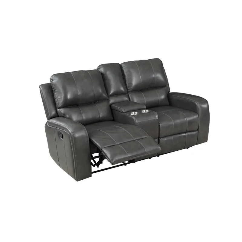 Linton Leather Console Loveseat W/ Dual Recliners-Gray