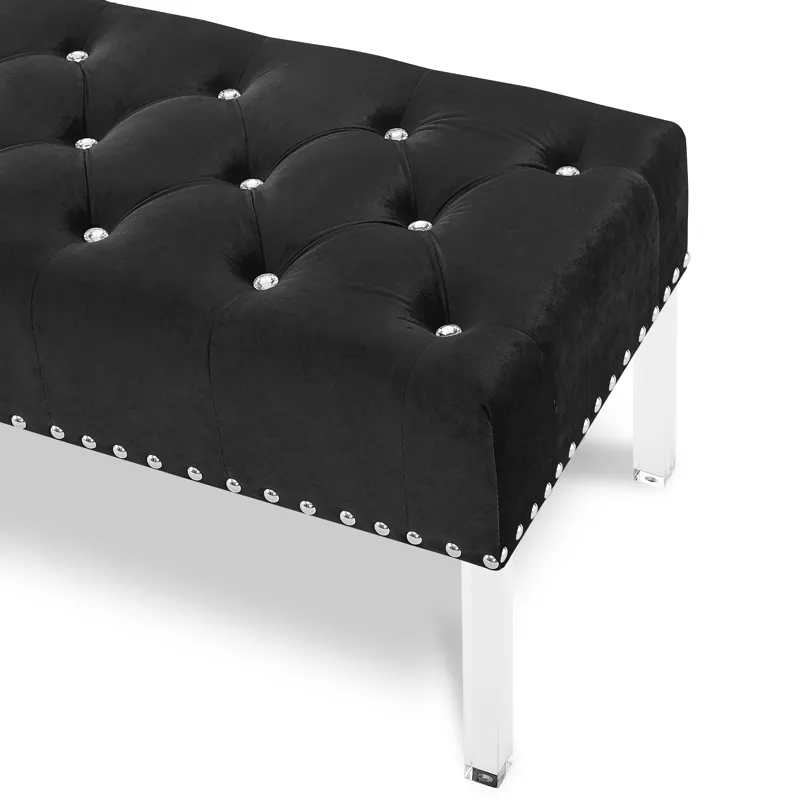 Vivian Black Velvet Bench With Crystal Buttons