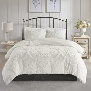 Madison Park Viola 3 Piece Tufted Cotton Chenille Damask Duvet Cover Set