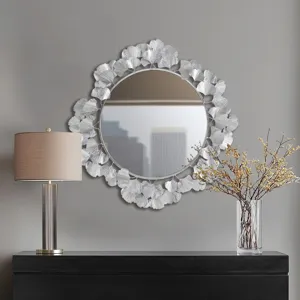 Eden Gingko Leaf Round Wall Mirror 30.5” - Silver