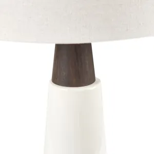 Tristan Triangular Ceramic and Wood Table Lamp - White Base/Cream Shade