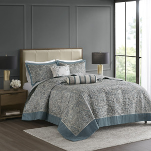 Aubrey King 5 Piece Jacquard Bedspread Set with Throw Pillows - Teal