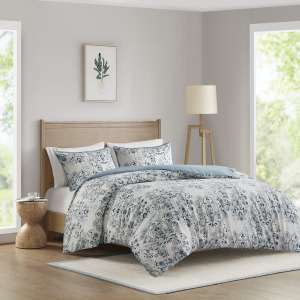 Brielle King/California King 3 Piece Floral Printed Cotton Duvet Cover Set - Blue