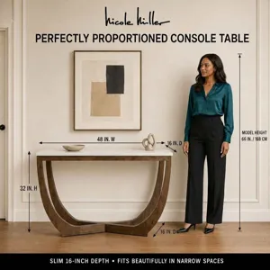 Nicole Miller Calvedra Curve Marble-Look Console Table with Curved Walnut Wood Legs - White Marble/Walnut