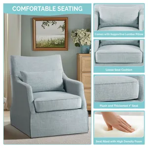 London London Upholstered Skirted Swivel Armchair with Lumbar Pillow - Light Blue