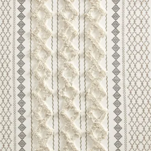 Imani Cotton Printed Curtain Panel with Chenille Stripe and Lining - Ivory