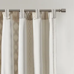 Imani Cotton Printed Curtain Panel with Chenille Stripe and Lining - Ivory