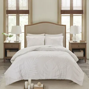 Bahari King/California King 3 Piece Tufted Cotton Chenille Palm Duvet Cover Set - Off-White