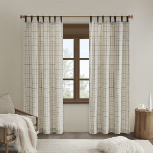 Anaheim Plaid Faux Leather Tab Top Curtain Panel with Fleece Lining - Natural