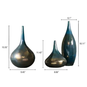 Lucia Blue and Bronze Decorative Glass Vases 3-piece set - Blue Metal
