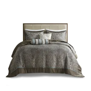 Aubrey King 5 Piece Jacquard Bedspread Set with Throw Pillows - Blue/Brown