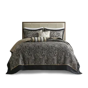 Aubrey Queen 5 Piece Jacquard Bedspread Set with Throw Pillows - Black