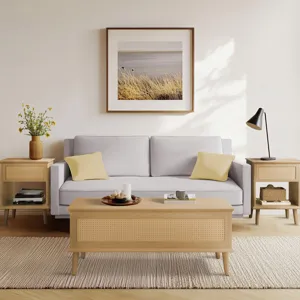 Teagan Rattan Accent Side Table with Drawer Storage & Lower Open Shelf - Natural