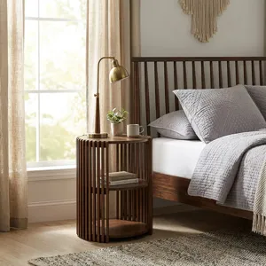 INK+IVY Wyatt Round Slatted Wood End Table with 2-Tier Open Storage - Honey Brown