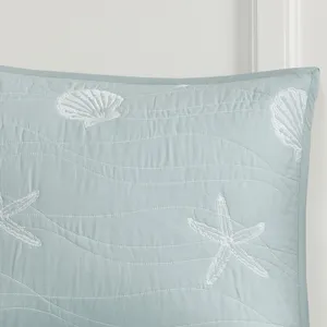 Harbor House Blue Seaside 4 Piece Cotton Reversible Embroidered Quilt Set with Throw Pillow