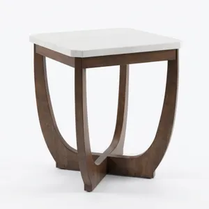 Nicole Miller Calvedra Curve Marble-Look End Table with Curved Walnut Wood Base - White Marble/Walnut