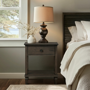 Victoria one-drawer wood bedside table with shelf - Antique Brown