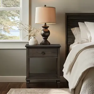 Victoria one-drawer wood bedside table with shelf - Antique Brown