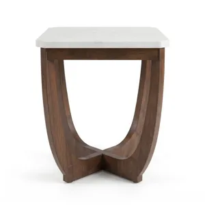 Nicole Miller Calvedra Curve Marble-Look End Table with Curved Walnut Wood Base - White Marble/Walnut