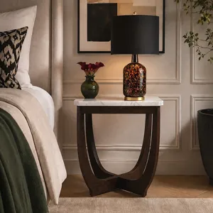 Nicole Miller Calvedra Curve Marble-Look End Table with Curved Walnut Wood Base - White Marble/Walnut