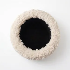 Nicole Miller Frost Faux Fur Round Storage Ottoman with Wood Plinth - Cream