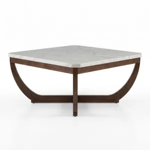 Nicole Miller Calvedra Curve Marble-Look Coffee Table with Curved Walnut Wood Legs - White Marble/Walnut