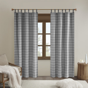 Anaheim Plaid Faux Leather Tab Top Curtain Panel with Fleece Lining - Grey