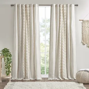 Imani Cotton Printed Curtain Panel with Chenille Stripe and Lining - Ivory