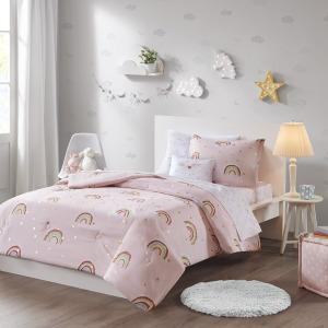 Alicia Full Rainbow and Metallic Stars Comforter Set with Bed Sheets - Pink