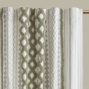 Imani Cotton Printed Curtain Panel with Chenille Stripe and Lining - Green
