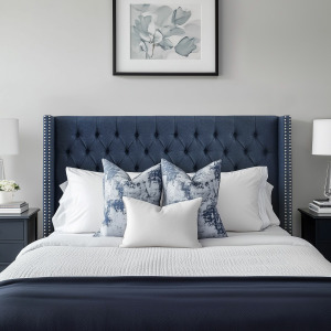 Amelia Queen Upholstered Wingback Headboard with Button Tufting & Nailhead Trim - Navy