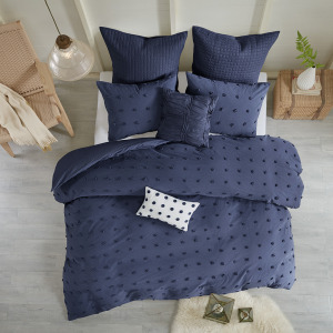 Brooklyn Full/Queen Cotton Jacquard Comforter Set with Euro Shams and Throw Pillows - Navy