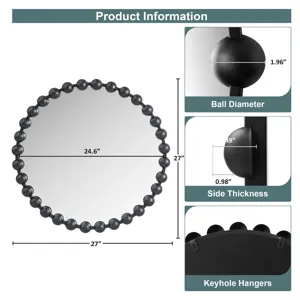 Marlowe 27\" Medium Decorative Round Wall Mirror with Beaded Metal Frame - Black
