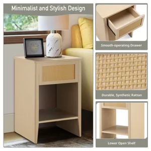 Lennox Rattan Accent Side Table with Drawer Storage & Lower Open Shelf - Natural