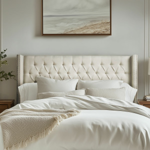 Amelia King Upholstered Wingback Headboard with Button Tufting & Nailhead Trim - Cream