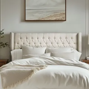 Amelia King Upholstered Wingback Headboard with Button Tufting & Nailhead Trim - Cream
