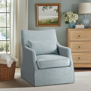 London London Upholstered Skirted Swivel Armchair with Lumbar Pillow - Light Blue