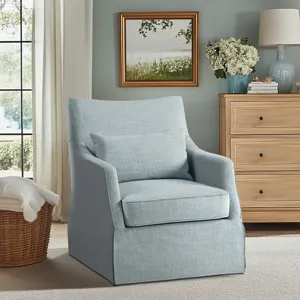 London London Upholstered Skirted Swivel Armchair with Lumbar Pillow - Light Blue