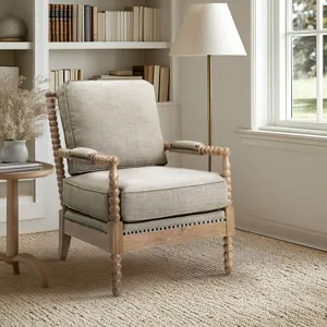 Donohue Turned Wood Frame Armchair - Light Grey/Camel Oak