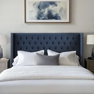 Amelia King Upholstered Wingback Headboard with Button Tufting & Nailhead Trim - Navy