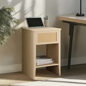 Lennox Rattan Accent Side Table with Drawer Storage & Lower Open Shelf - Natural