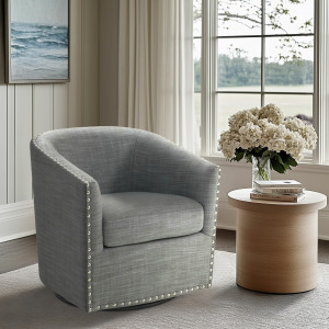 Tyler Upholstered Swivel Barrel Chair with Nailheads - Grey