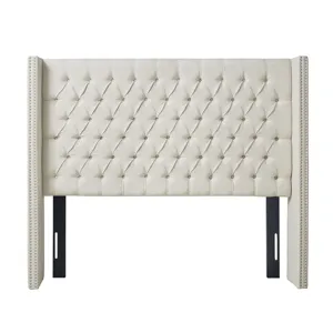 Amelia Queen Upholstered Wingback Headboard with Button Tufting & Nailhead Trim - Cream