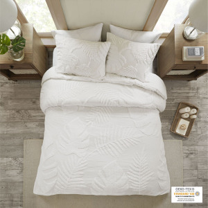 Bahari King/California King 3 Piece Tufted Cotton Chenille Palm Duvet Cover Set - Off-White