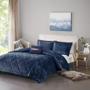 Felicia King/California King Velvet Comforter Set with Throw Pillow - Navy