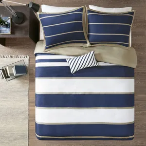 Ashton King/California King Duvet Cover Set - Khaki/Navy