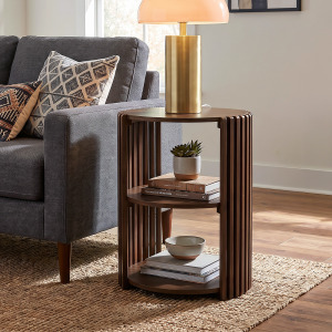 INK+IVY Wyatt Round Slatted Wood End Table with 2-Tier Open Storage - Honey Brown